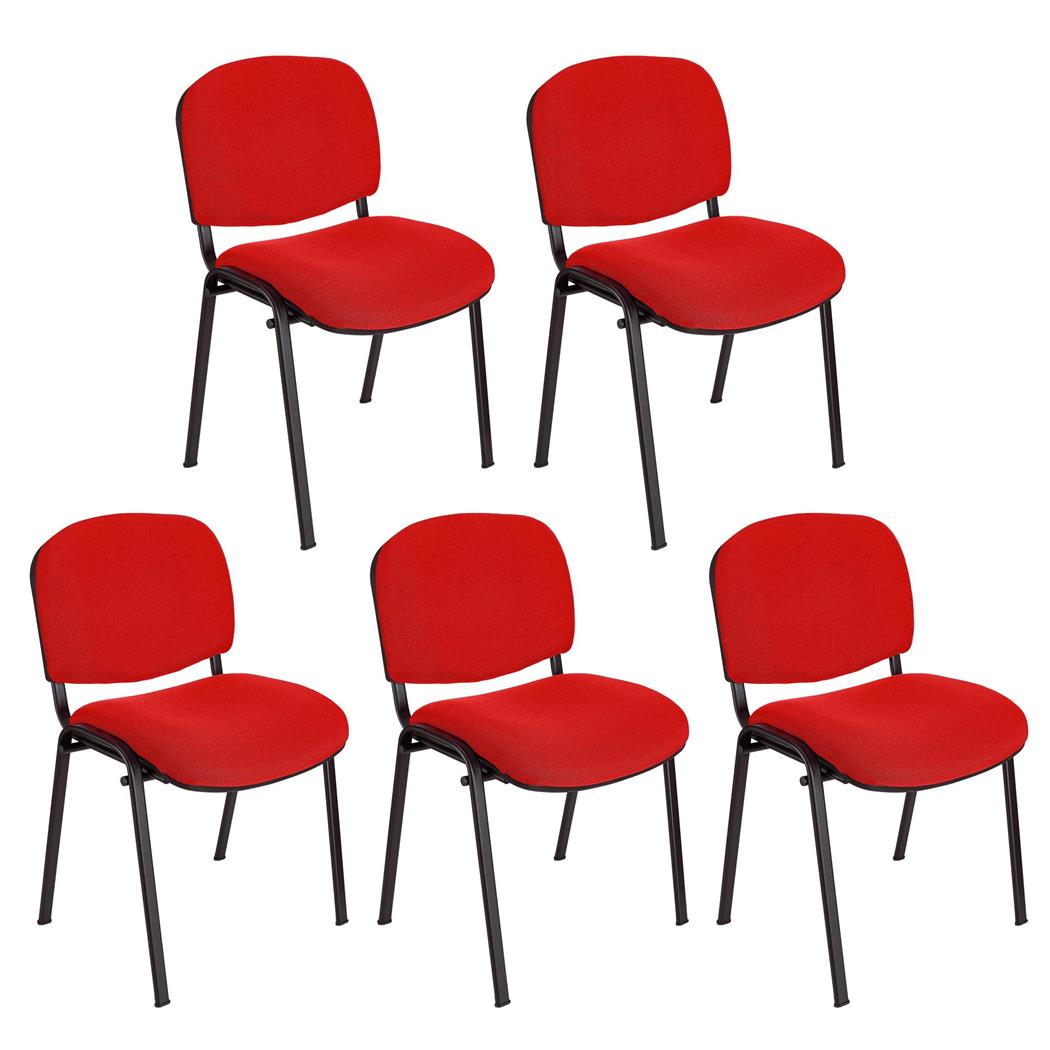 Im 5er-Set: Konferenzstuhl MOBY BASE STOFF mit schwarzen Stuhlbeinen, bequem und praktisch, stapelbar, Farbe Rot