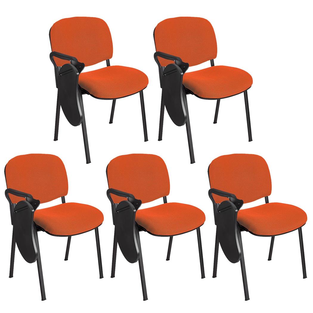 Im 5er-Set: Konferenzstuhl MOBY BASE STOFF mit klappbarem Schreibbrett, stapelbar und praktisch, schwarzes Gestell, Farbe Orange