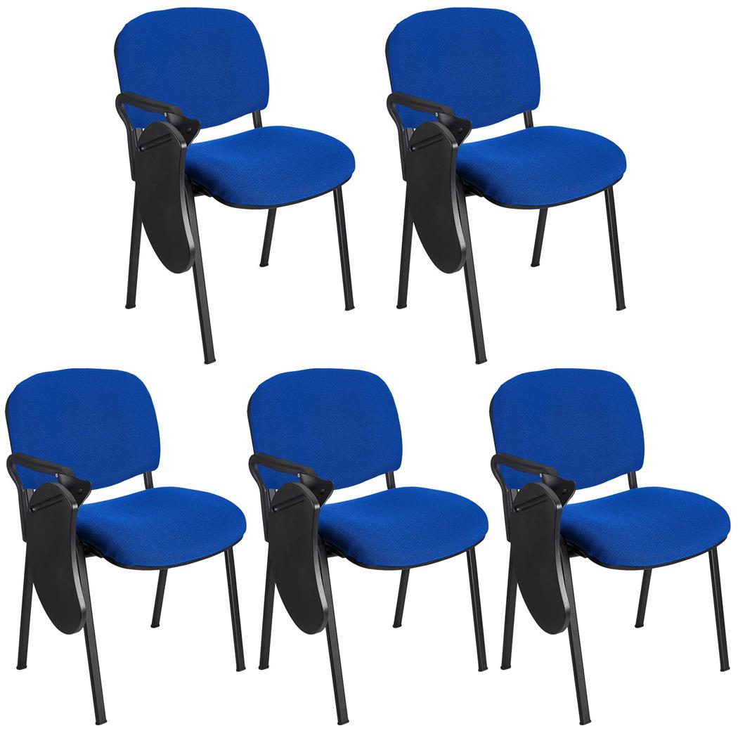 Im 5er-Set: Konferenzstuhl MOBY BASE STOFF mit klappbarem Schreibbrett, stapelbar und praktisch, schwarzes Gestell, Farbe Blau