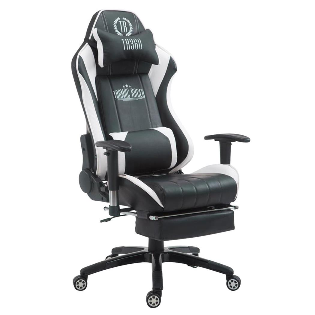 Gaming-Stuhl TURBO LEDER mit Fußablage, neigbare Rückenlehne, Nacken- und Lordosekissen, Farbe Schwarz / Weiß