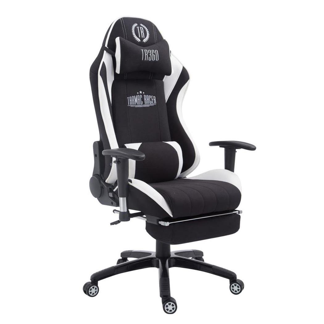 Gaming-Stuhl TURBO STOFF mit Fußablage, neigbare Rückenlehne, Nacken- und Lordosekissen, Farbe Schwarz / Weiß