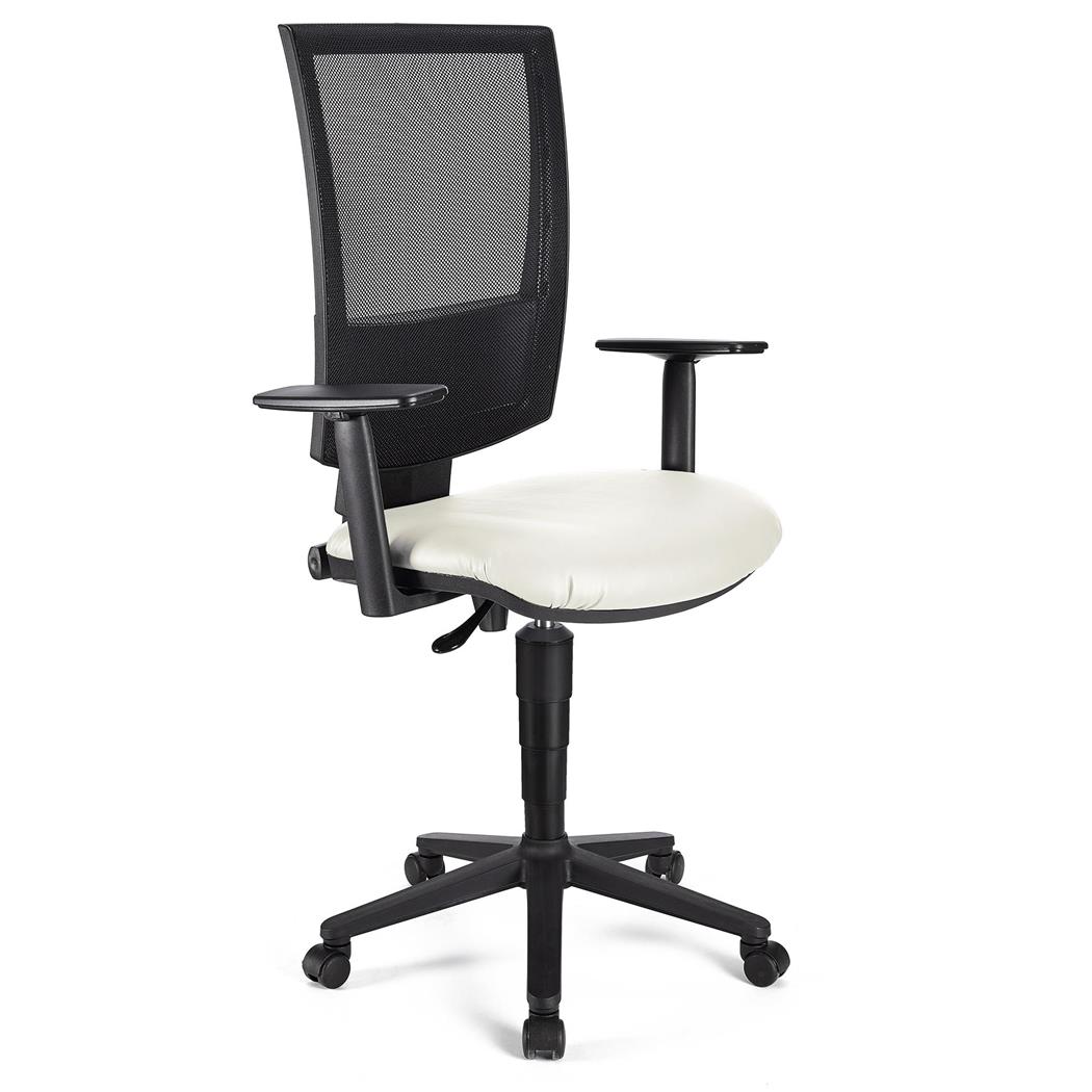 Bürostuhl PANDORA PLUS LEDER mit verstellbaren Armlehnen, Rückenlehne mit Netzbezug, dicke Polsterung, Farbe Weiß