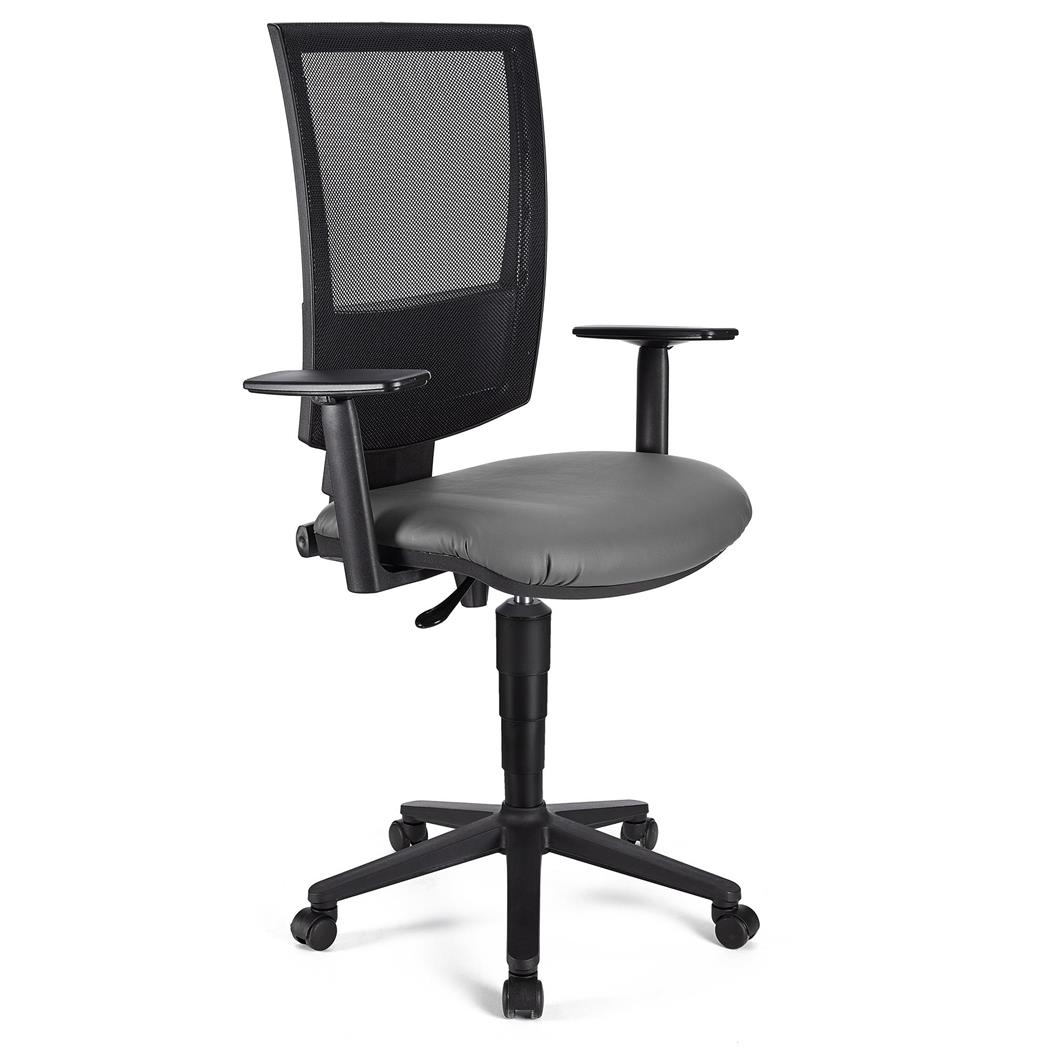 Bürostuhl PANDORA PLUS LEDER mit verstellbaren Armlehnen, Rückenlehne mit Netzbezug, dicke Polsterung, Farbe Grau