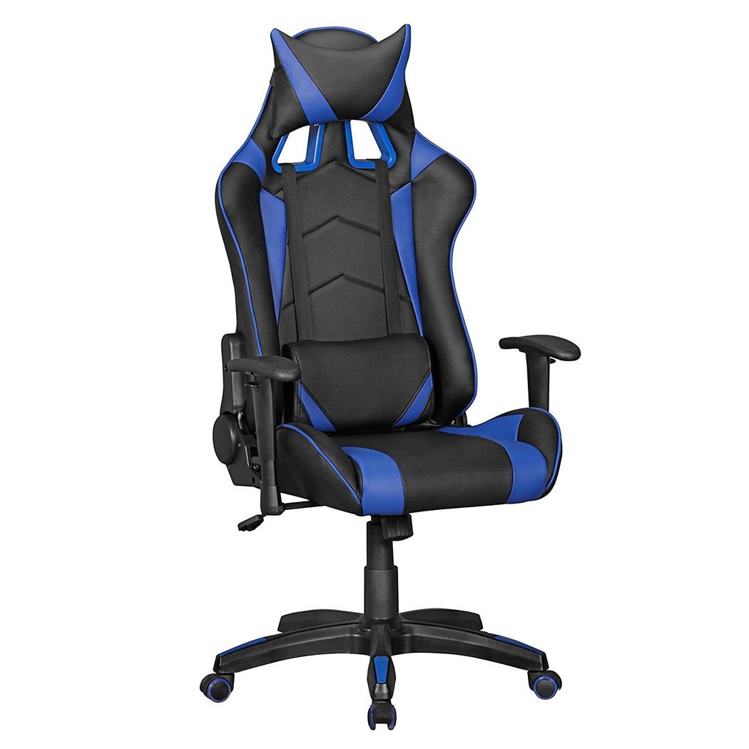 Gaming-Stuhl ORBY LEDER, neigbare Rückenlehne, Lordosekissen, Farbe Schwarz / Blau