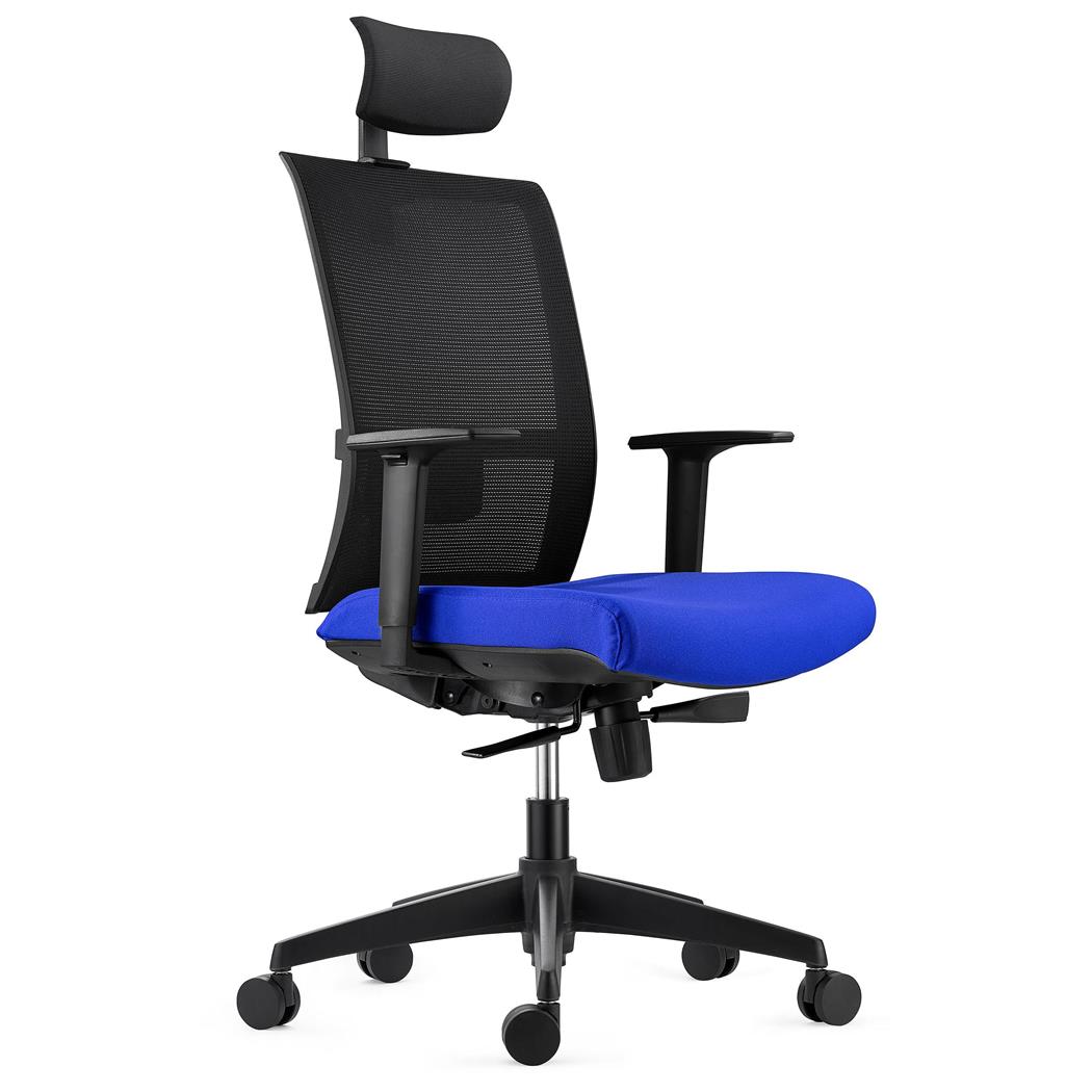 Ergonomischer Bürostuhl AXEL, Kopf- & Lordosenstütze, mit Stoff- und Netzbezug, Farbe Blau