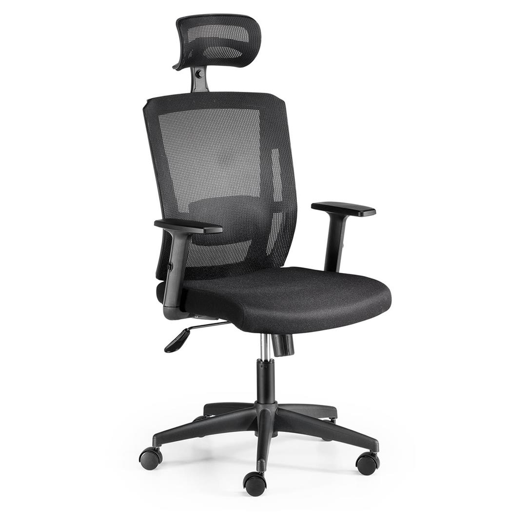 Ergonomischer Bürostuhl INGA, Kopf- & Lordosenstütze, für die 8h-Nutzung, Farbe Schwarz