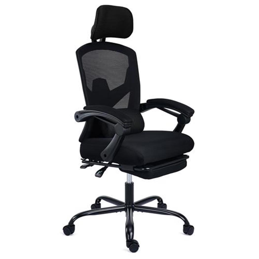 Ergonomischer Bürostuhl DELTA, ausziehbare Fussstütze, Lordosenkissen, Wippmechanik, Farbe Schwarz