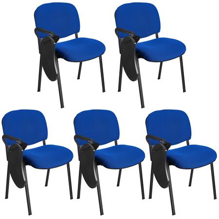 Im 5er-Set: Konferenzstuhl MOBY BASE STOFF mit klappbarem Schreibbrett, stapelbar und praktisch, schwarzes Gestell, Farbe Blau