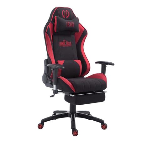 Gaming-Stuhl TURBO STOFF mit Fußablage, neigbare Rückenlehne, Nacken- und Lordosekissen, Farbe Schwarz / Rot