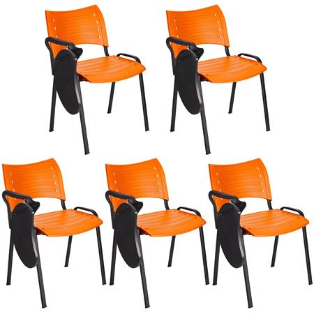 Im 5er-Set: Besucherstuhl ELVA B MIT SCHREIBBRETT, stapelbar und sehr praktisch, schwarze Stuhlbeine, Farbe Orange