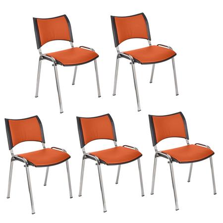 Im 5er-Set: Besucherstuhl ROMEL LEDER, bequeme Polsterung, stapelbar, verchromte Stuhlbeine, Farbe Orange