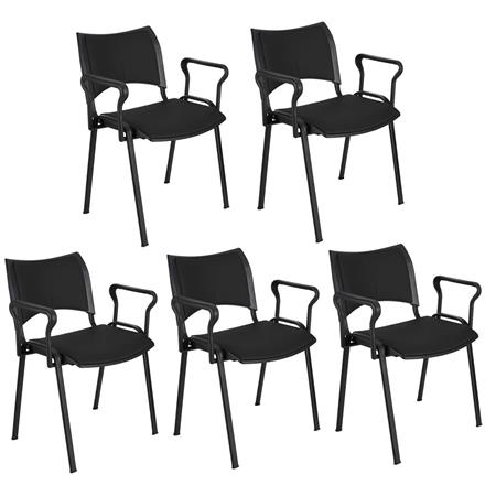 Im 5er-Set: Besucherstuhl ROMEL LEDER MIT ARMLEHNEN, dicke Polsterung, stapelbar, schwarze Stuhlbeine, Farbe Schwarz