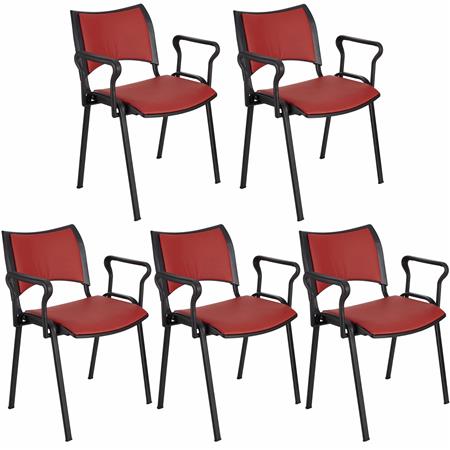 Im 5er-Set: Besucherstuhl ROMEL LEDER MIT ARMLEHNEN, dicke Polsterung, stapelbar, schwarze Stuhlbeine, Farbe Rot