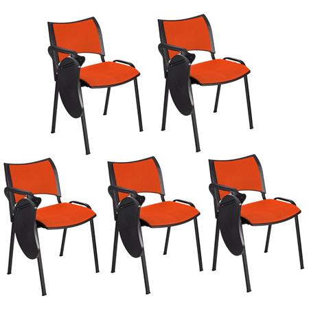 Im 5er-Set: Besucherstuhl ROMEL MIT SCHREIBBRETT, bequeme Polsterung, stapelbar, schwarze Stuhlbeine, Farbe Orange