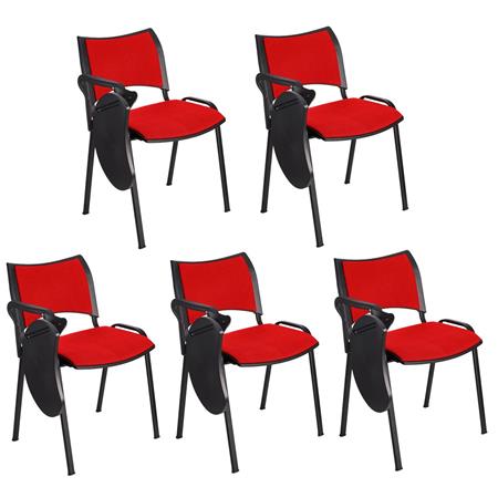 Im 5er-Set: Besucherstuhl ROMEL MIT SCHREIBBRETT, bequeme Polsterung, stapelbar, schwarze Stuhlbeine, Farbe Rot