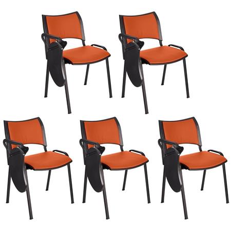 Im 5er-Set: Besucherstuhl ROMEL LEDER MIT SCHREIBBRETT, bequeme Polsterung, stapelbar, schwarze Stuhlbeine, Farbe Orange