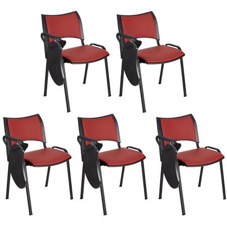 Im 5er-Set: Besucherstuhl ROMEL LEDER MIT SCHREIBBRETT, bequeme Polsterung, stapelbar, schwarze Stuhlbeine, Farbe Rot