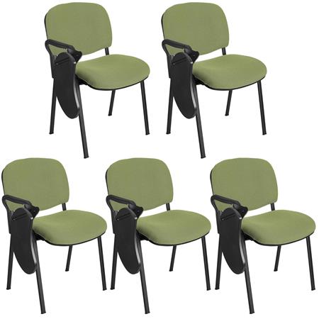 Im 5er-Set: Konferenzstuhl MOBY BASE STOFF mit klappbarem Schreibbrett, stapelbar und praktisch, schwarzes Gestell, Farbe Grün