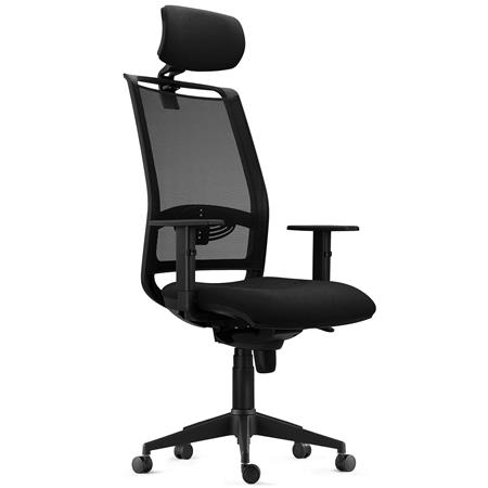 Ergonomischer Bürostuhl NEPTUNO, Kopf- und Lordosenstütze, für die 8h-Nutzung, Netz und Stoffbezug, Farbe Schwarz