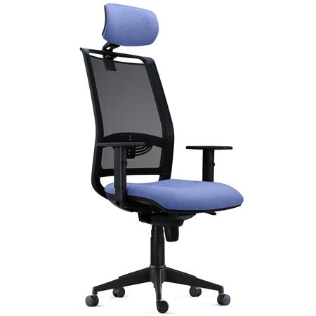 Ergonomischer Bürostuhl NEPTUNO, Kopf- und Lordosenstütze, für die 8h-Nutzung, Netz und Stoffbezug, Farbe Blau