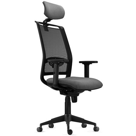 Ergonomischer Bürostuhl NEPTUNO, Kopf- und Lordosenstütze, für die 8h-Nutzung, Netz und Stoffbezug, Farbe Grau
