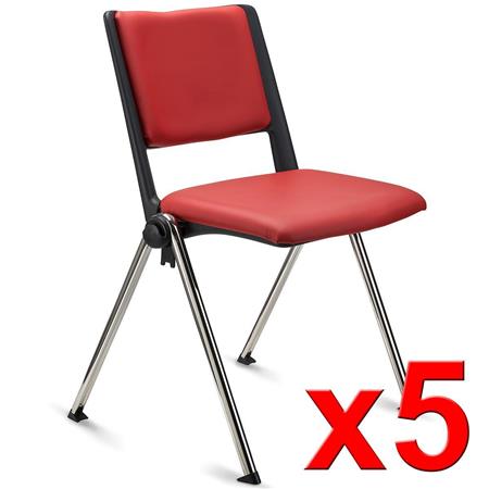Im 5er-Set: Konferenzstuhl CARINA, stapel- und reihenverbindbar, verchromtes Stahlgestell, Kunstleder, Farbe Rot