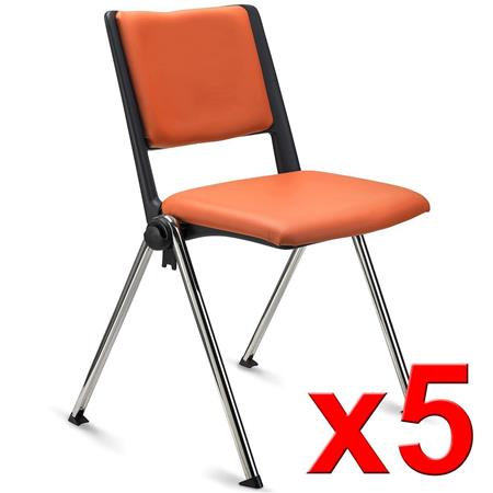 Im 5er-Set: Konferenzstuhl CARINA, stapel- und reihenverbindbar, verchromtes Stahlgestell, Kunstleder, Farbe Orange