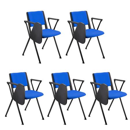 Im 5er Set: Konferenzstuhl CARINA MIT SCHREIBBRETT, stapel- und reihenverbindbar, schwarzes Stahlgestell, Stoffbezug Farbe Blau