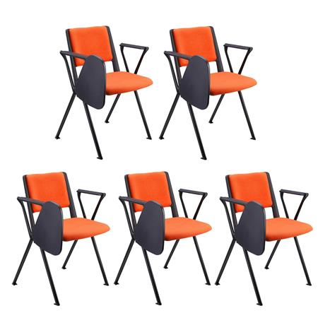 Im 5er Set: Konferenzstuhl CARINA MIT SCHREIBBRETT, stapel- und reihenverbindbar, schwarzes Stahlgestell, Stoffbezug Farbe Orange