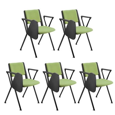 Im 5er Set: Konferenzstuhl CARINA MIT SCHREIBBRETT, stapel- und reihenverbindbar, schwarzes Stahlgestell, Stoffbezug Farbe Grün
