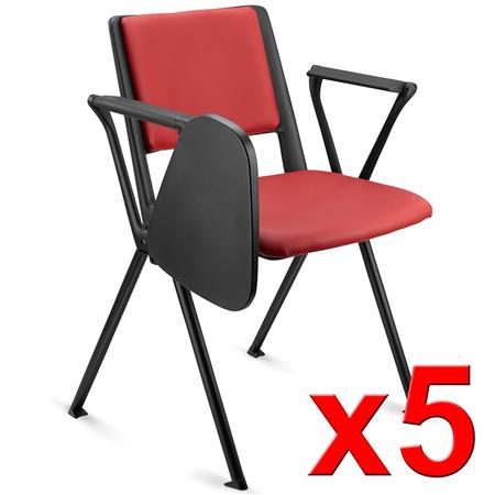 Im 5er-Set: Konferenzstuhl CARINA MIT SCHREIBBRETT, stapel- und reihenverbindbar, schwarzes Stahlgestell, Kunstleder, Farbe Rot