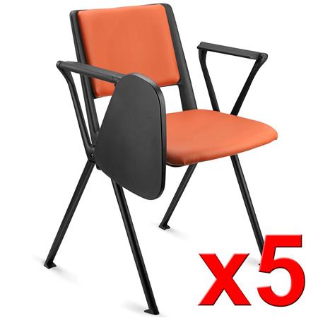 Im 5er-Set: Konferenzstuhl CARINA MIT SCHREIBBRETT, stapel- und reihenverbindbar, schwarzes Stahlgestell, Kunstleder, Farbe Orange