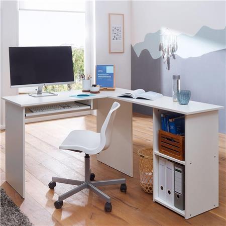 Computertisch OLONG, Abmessungen 140x120x75 cm, L-förmig mit Regalböden, Holz, Farbe Weiß