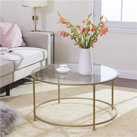 Beistelltisch TIVOLI, Abmessungen 84 x 84 x 45,5 cm, elegantes Design, aus Glas und goldfarbenem Stahl