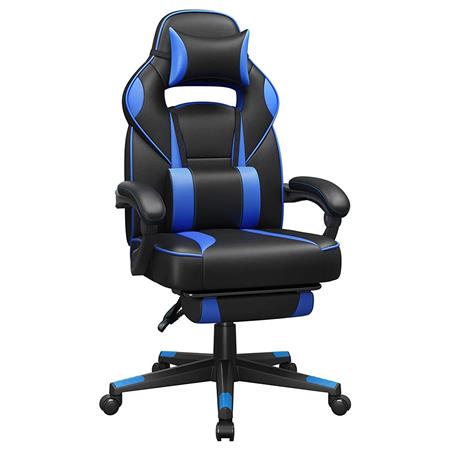 Gaming-Stuhl ROBIN, mit ausziehbarer Fußstütze, Nacken- und Lordosenkissen, Kunstleder, Farbe Schwarz/ Blau