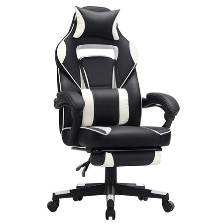 Gaming-Stuhl ROBIN, mit ausziehbarer Fußstütze, Nacken- und Lordosenkissen, Kunstleder, Farbe Schwarz/ Weiß