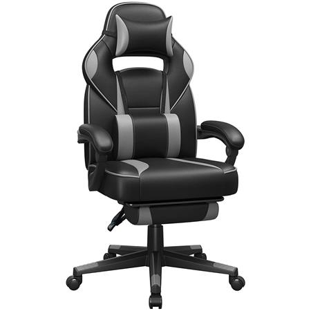 Gaming-Stuhl ROBIN, mit ausziehbarer Fußstütze, Nacken- und Lordosenkissen, Kunstleder, Farbe Schwarz/ Grau